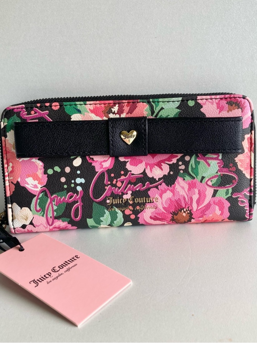 Juicy Couture Black Bow Zip Wallet with Pink & Green floral Accents - Picture 2 of 10